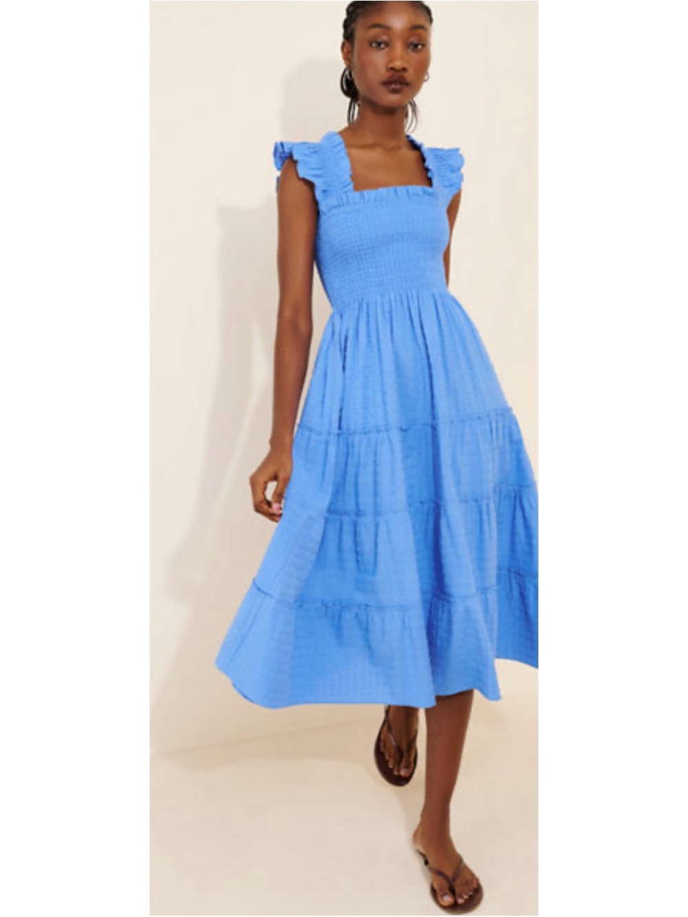 Blue Ruffled Square-Neck Midi Dress